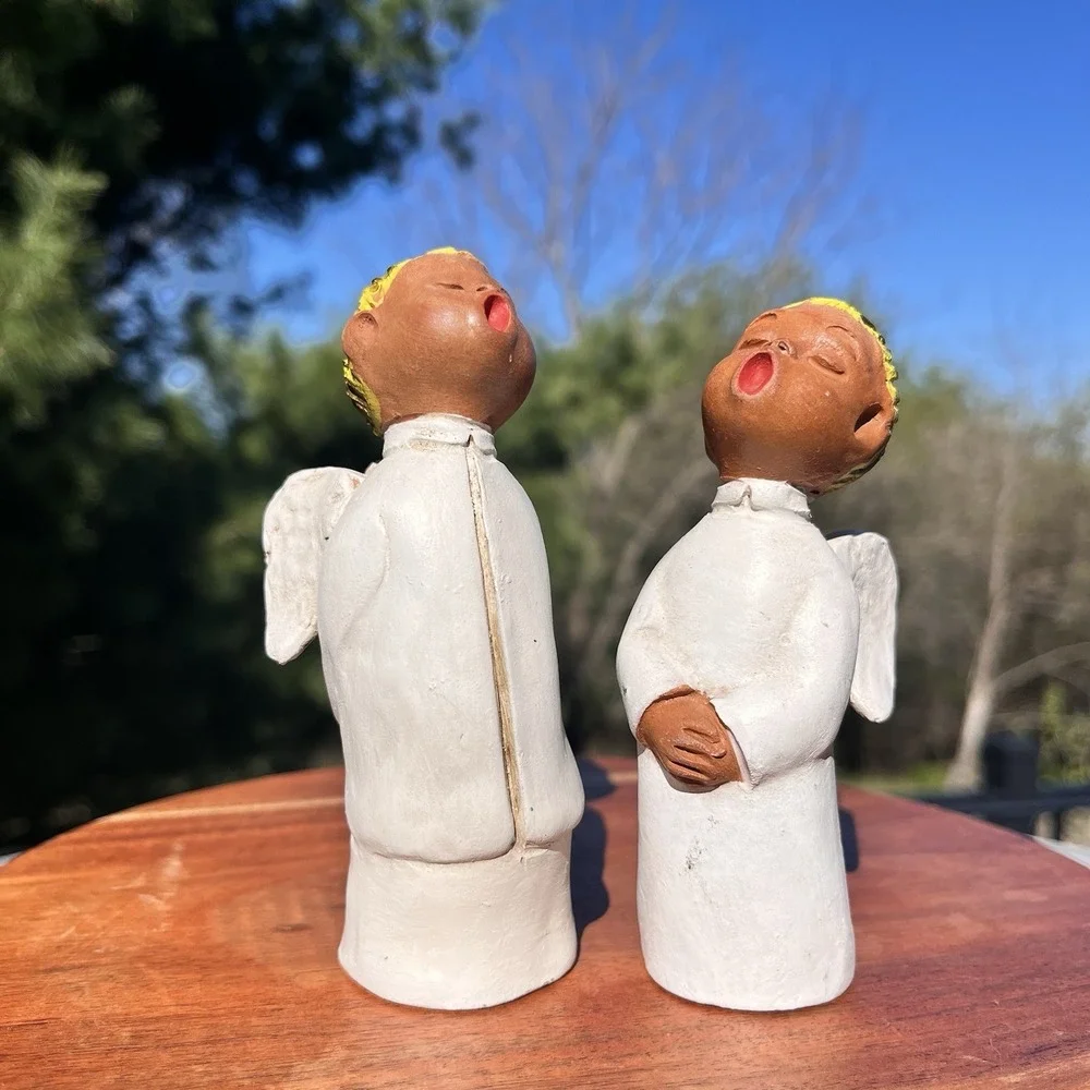 Vintage Terracotta Singing Angel Figurines Christmas Choir Boy‎ Girl w Wings